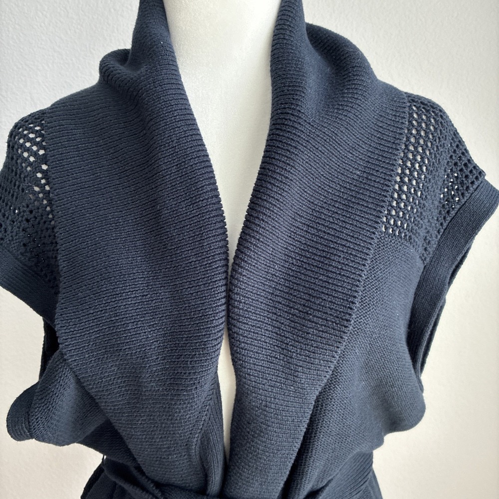 Rag & Bone Navy Blue Short Sleeve Belted Wrap Cardigan Crochet Knit Shawl Collar - Picture 3 of 12